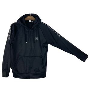 Adidas Black Track Jacket Men L Full-Zip White-Logo Stripe Hoodie Drawstring